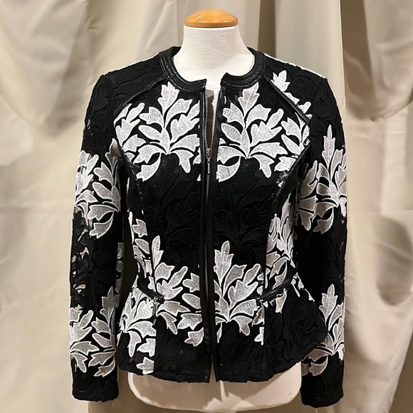 INC International Concepts Jackets & Blazers - INC international concepts Embroidered Lace, Pleather Trim Zip-Front Jacket NWT